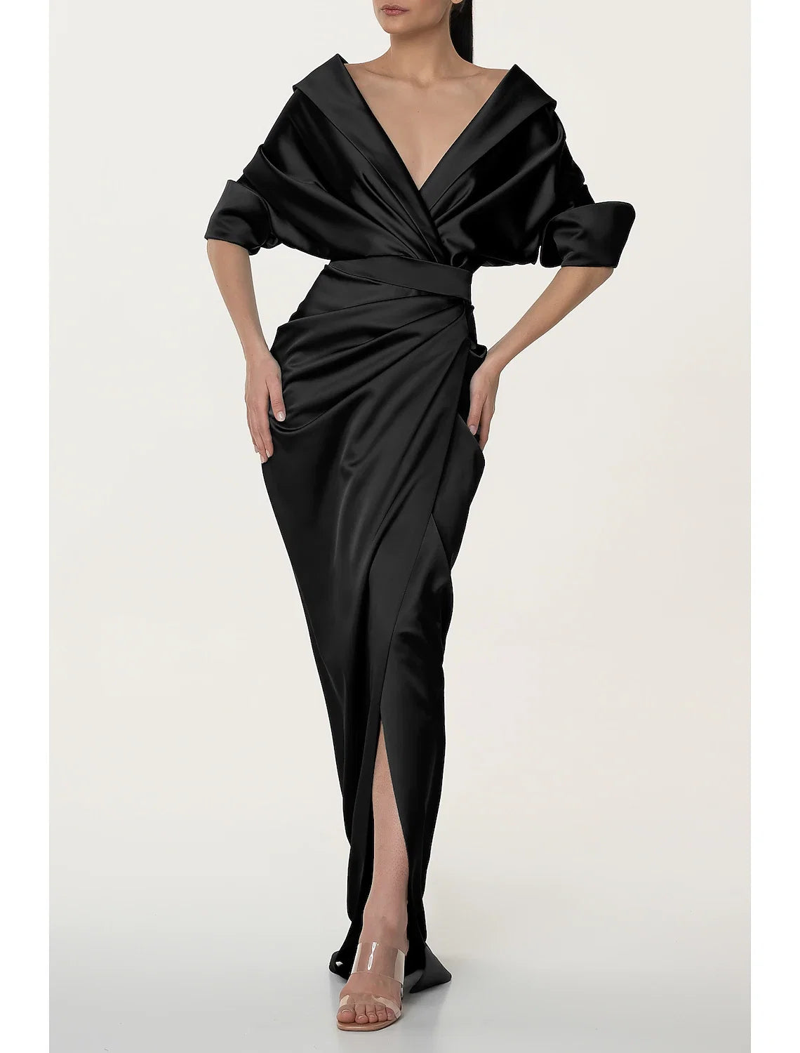 Black A-Line V-Neck Satin High Slit Evening Gown - Chloe Dress