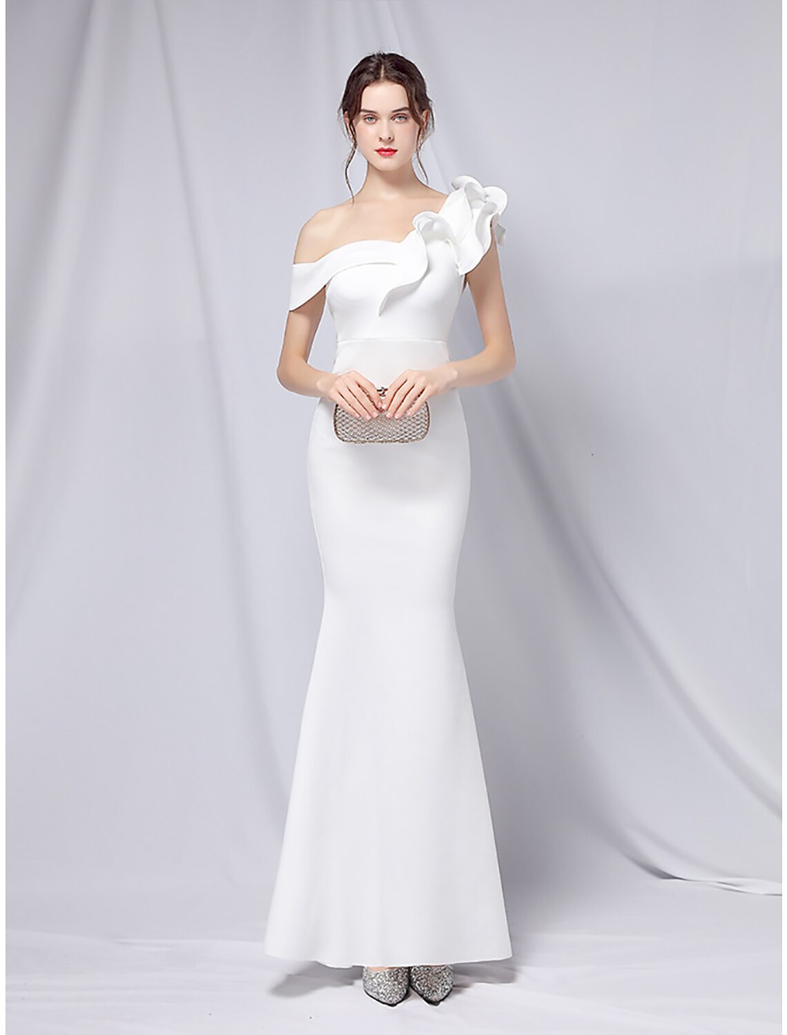 Mermaid One-Shoulder Satin Short Sleeve Ruffled Floor-Length Evening Gown - Chloe Dress