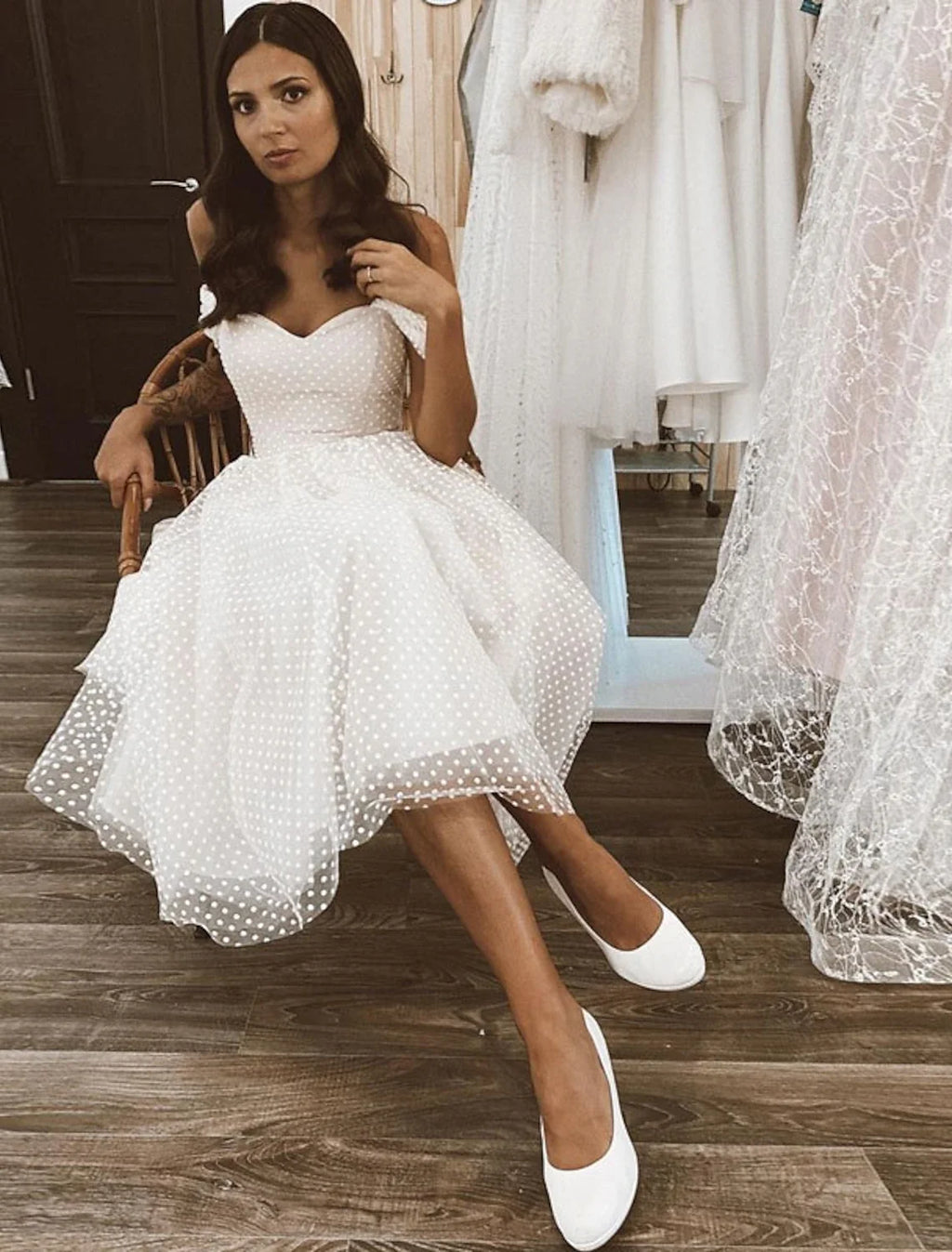 White A-Line Off-Shoulder Tulle Cap Sleeve Knee-Length Wedding Gown - Chloe Dress