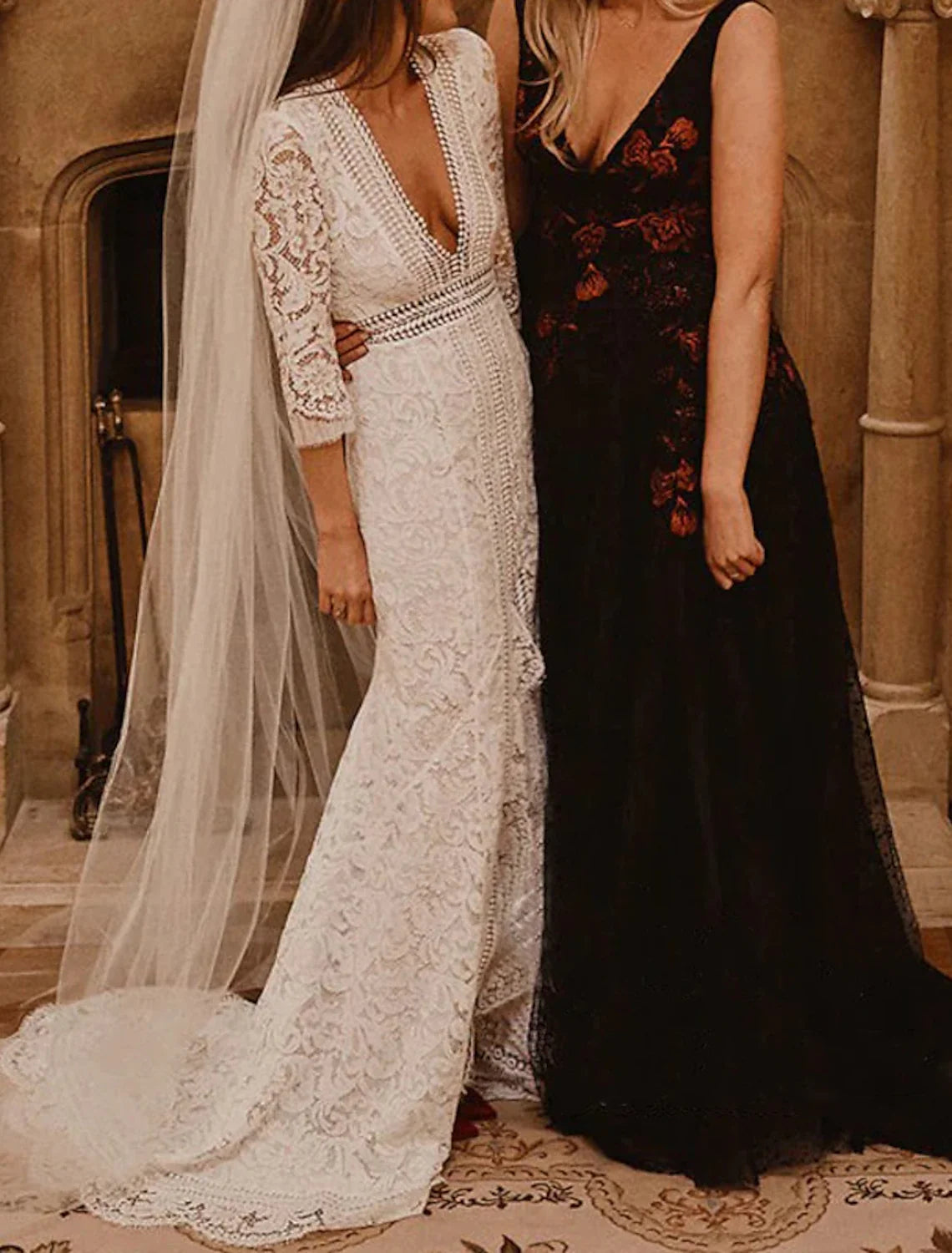 Mermaid V-Neck Lace Three-Quarter Sleeve Train Wedding Gown - Chloe Dress