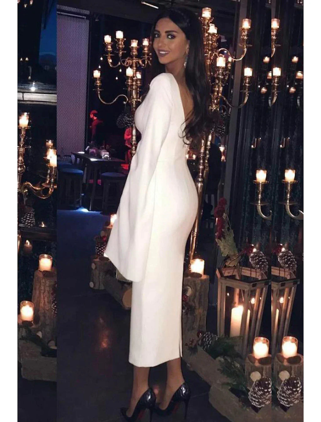 Sheath Jersey Long Sleeve Backless Tea-Length Wedding Dress - Chloe Dress
