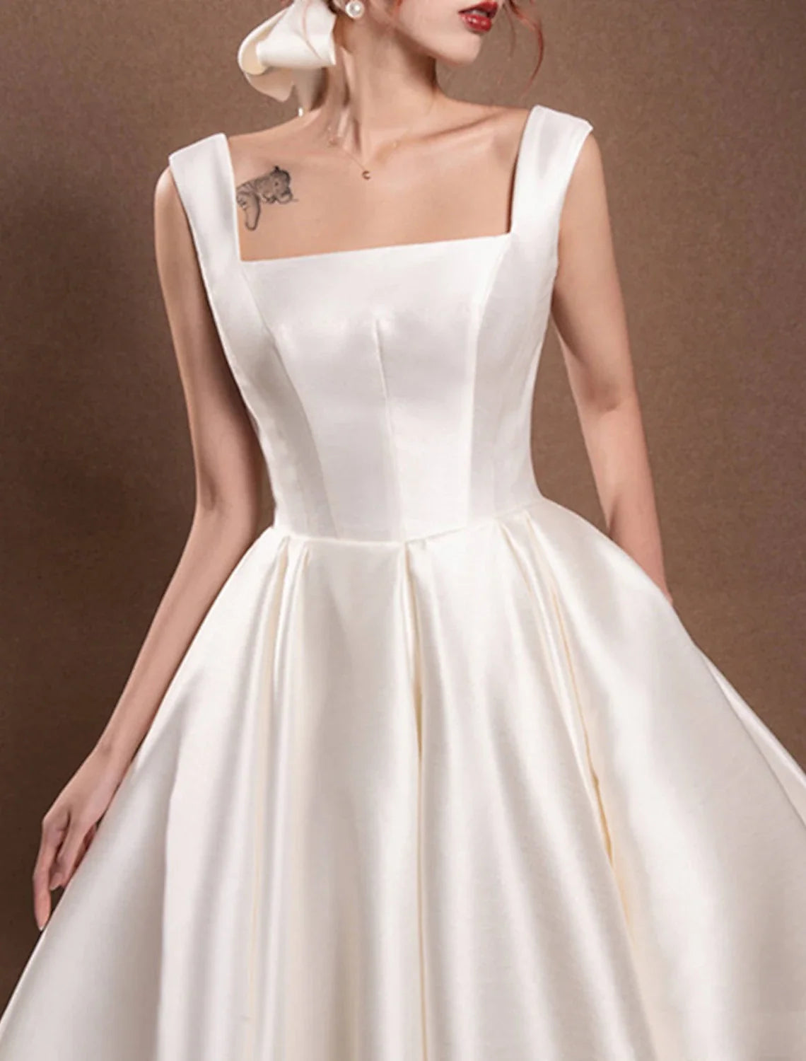 A-Line Off-Shoulder Satin Cap Sleeve Pleated Tea-Length Wedding Gown - Chloe Dress