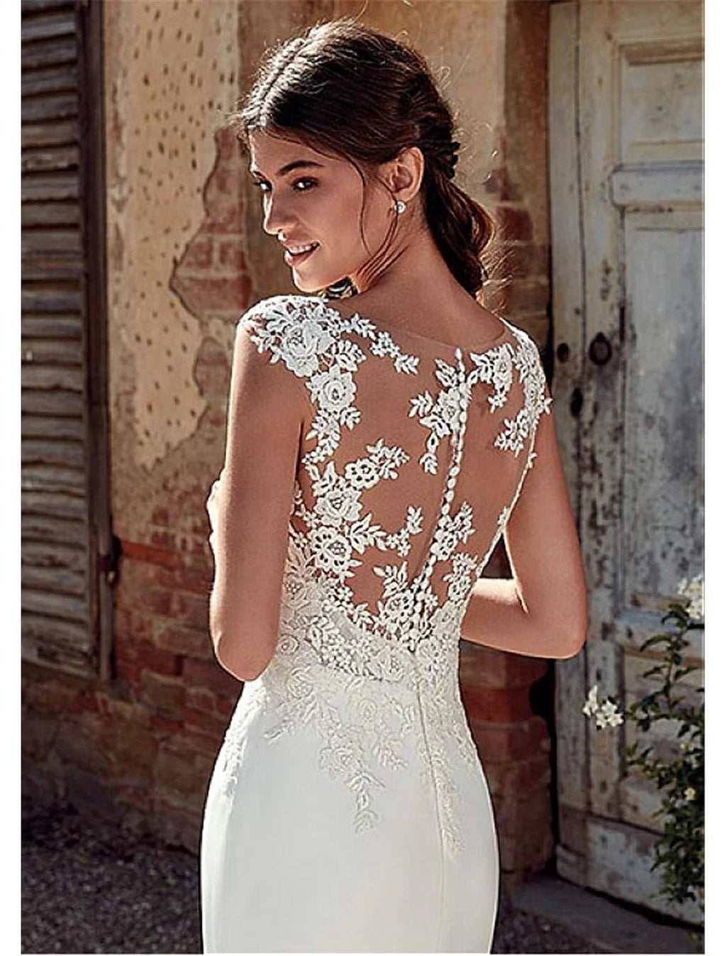 Mermaid Illusion Chiffon Cap Sleeve Open Back Train Wedding Gown - Chloe Dress