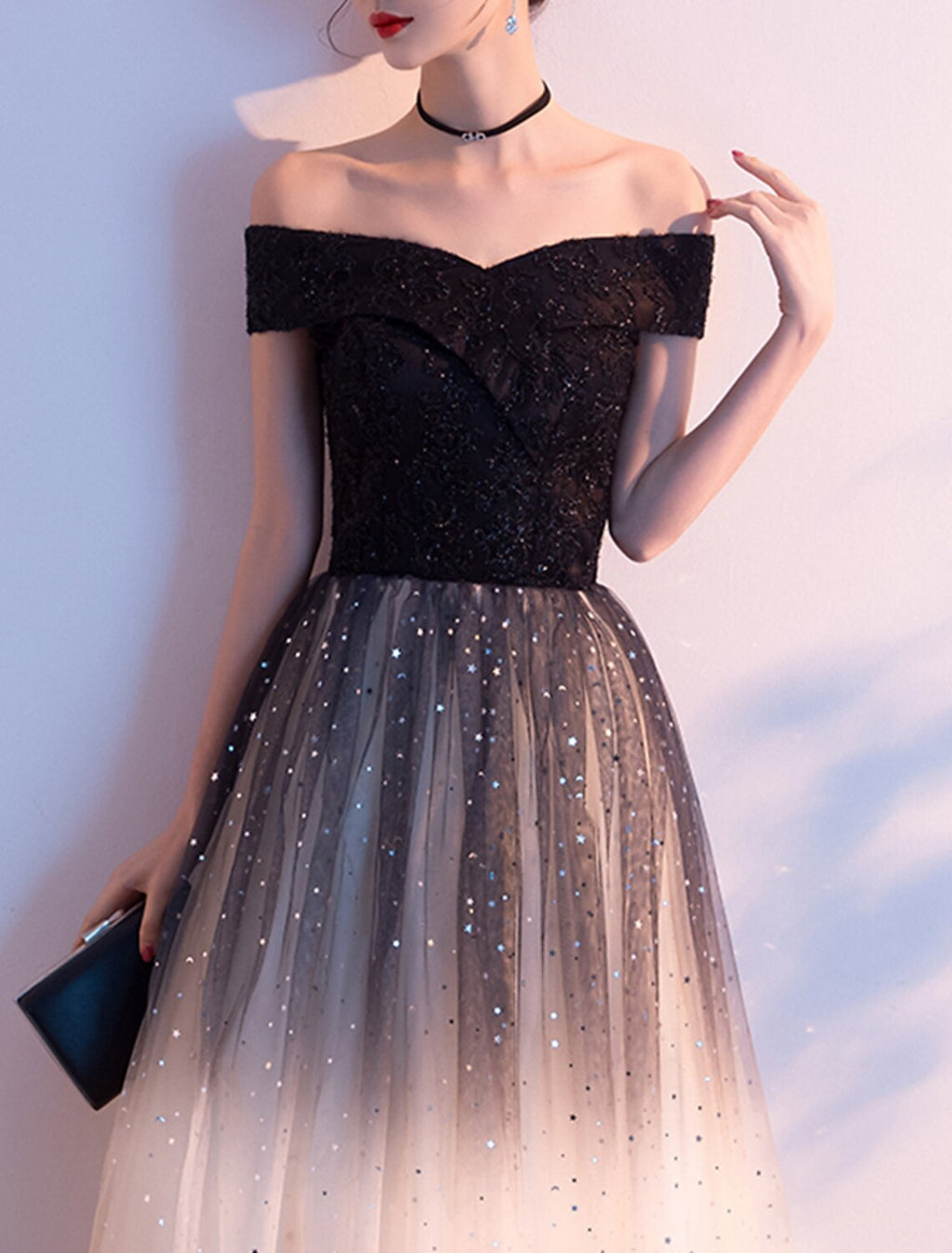A-Line Off-Shoulder Tulle Short Sleeve Floor-Length Evening Gown - Chloe Dress