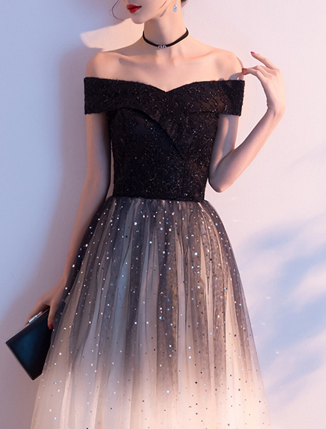 A-Line Off-Shoulder Tulle Short Sleeve Floor-Length Evening Gown - Chloe Dress