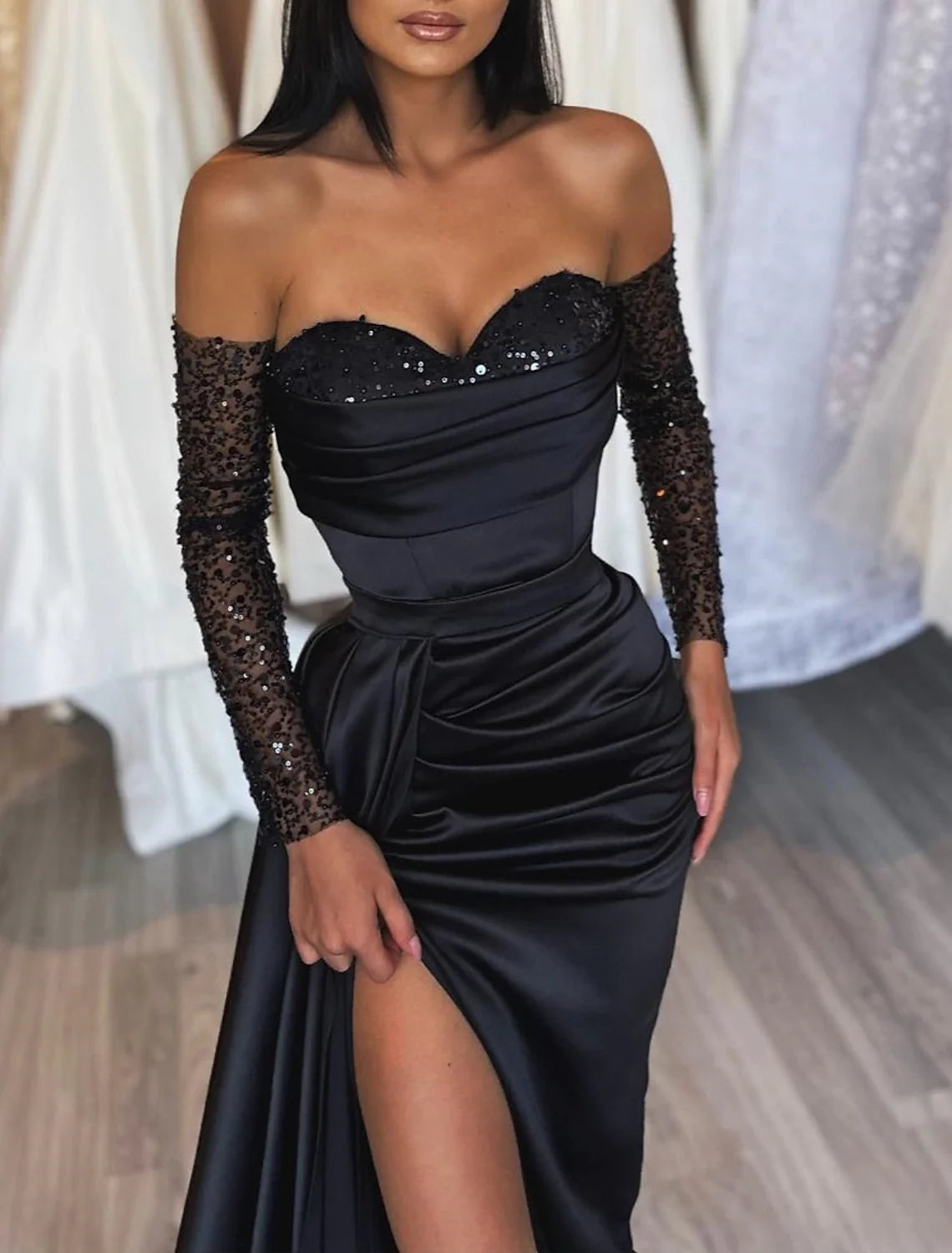 Black Mermaid Off-Shoulder Satin Long Sleeve High Slit Evening Gown - Chloe Dress