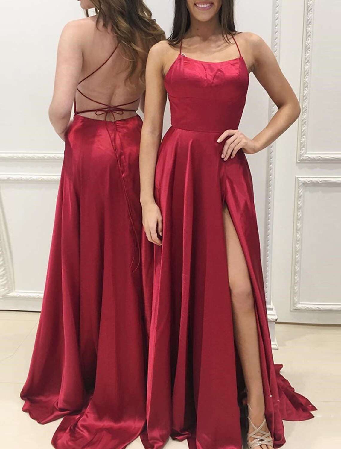 A-Line Spaghetti Strap Sleeveless High Slit Evening Gown - Chloe Dress