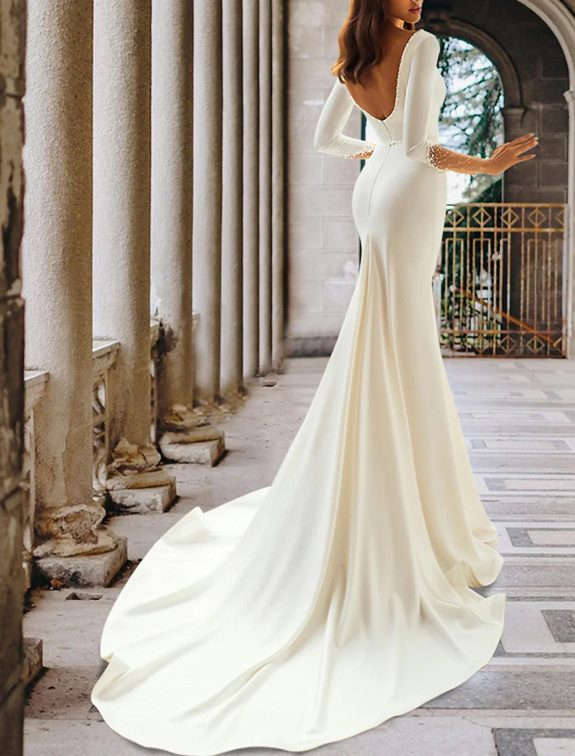 Mermaid V-Neck Satin Long Sleeve Train Wedding Gown - Chloe Dress