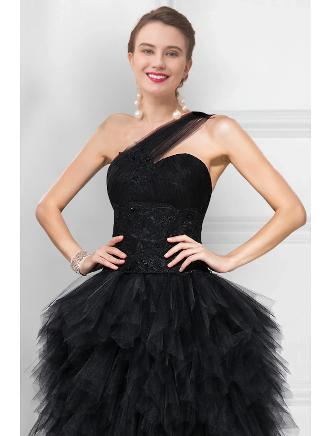Black Ball Gown One-Shoulder Tulle Sleeveless Tiered Prom Gown - Chloe Dress