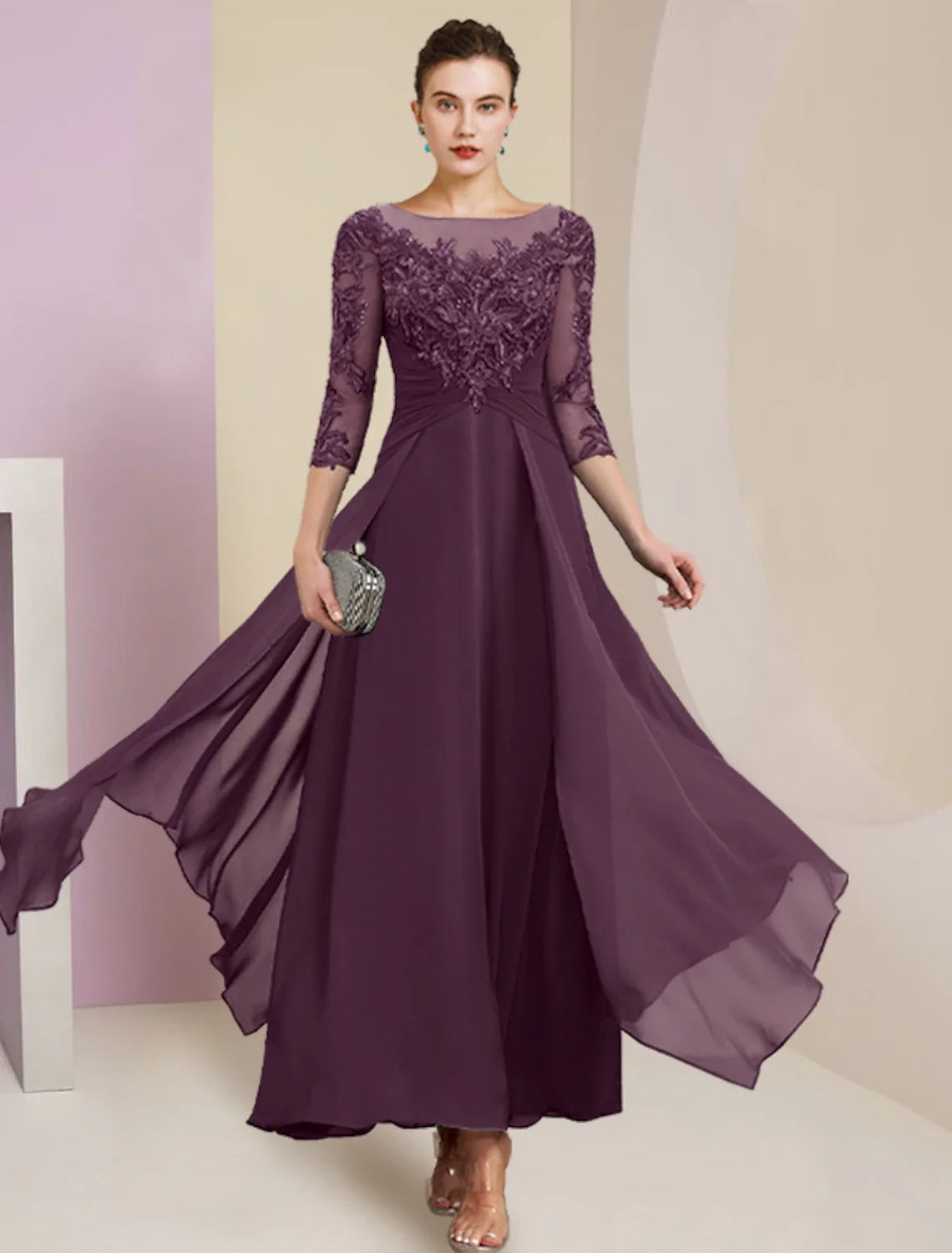 Sheath Chiffon Three-Quarter Sleeve Pleated Ankle-Length Wedding Dress - Chloe Dress