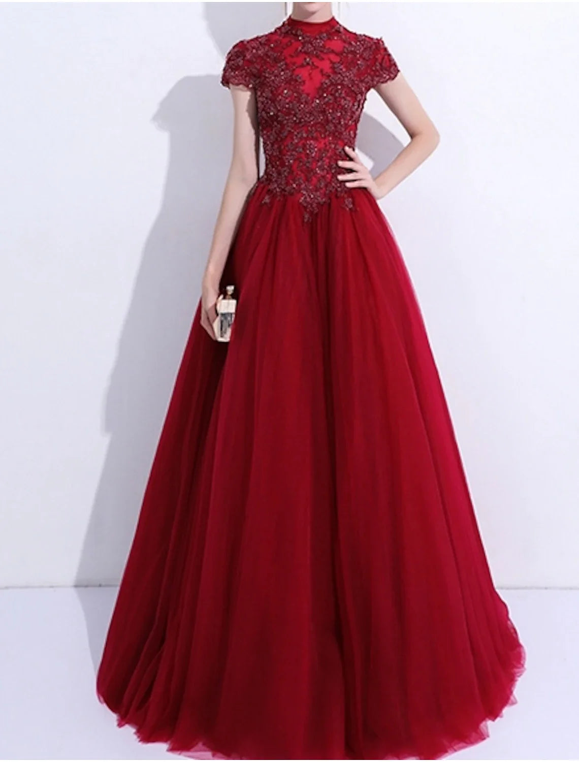 A-Line High Neck Tulle Short Sleeve Pleated Floor-Length Evening Gown - Chloe Dress