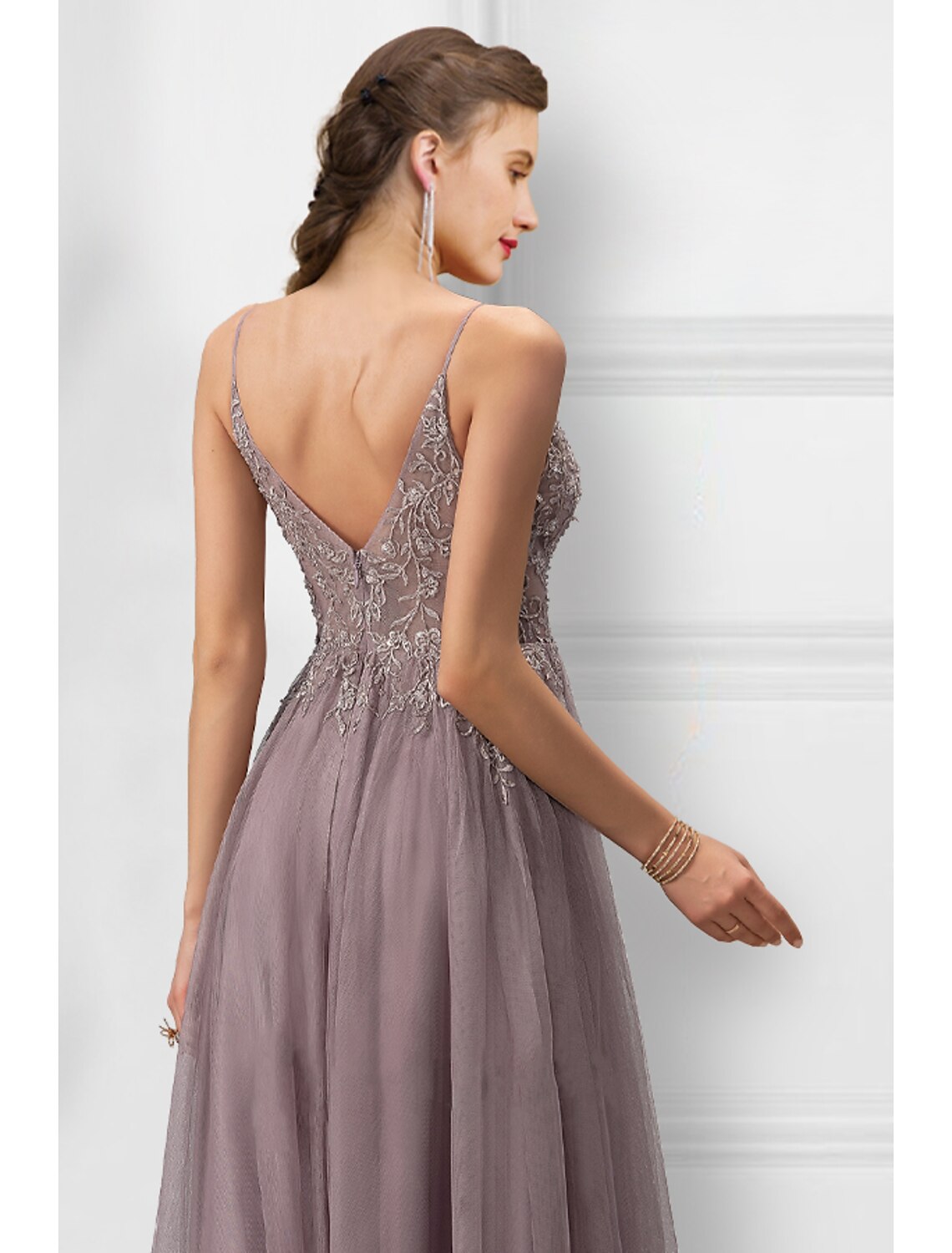 A-Line Spaghetti Strap Tulle Sleeveless High Slit Floor-Length Prom Dress - Chloe Dress