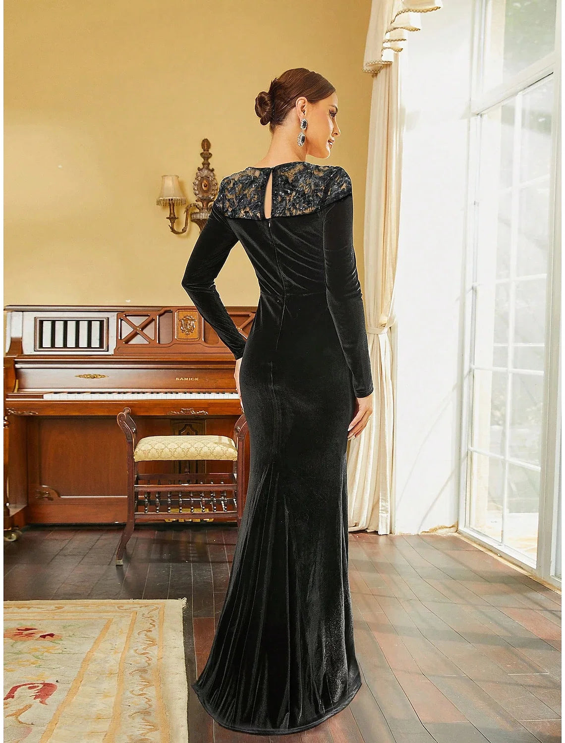 Black A-Line Sequin Long Sleeve High Slit Evening Gown - Chloe Dress
