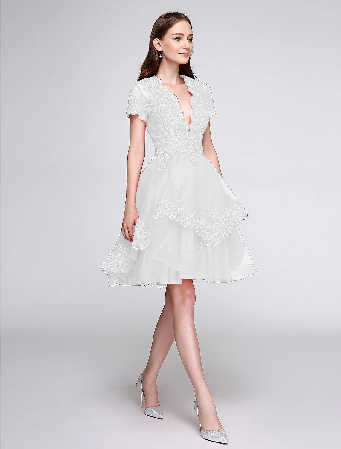 Ball Gown Plunging Organza Short Sleeve Button Back Applique Mini Prom Gown - Chloe Dress