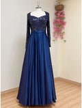 A-Line Square Neck Satin Long Sleeve Pleated Evening Gown - Chloe Dress