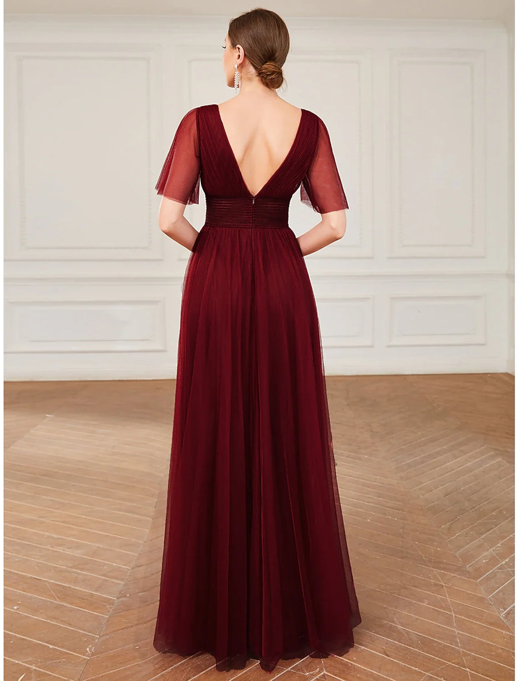 A-Line V-Neck Tulle Short Sleeve Ruffled Floor-Length Wedding Dress - Chloe Dress