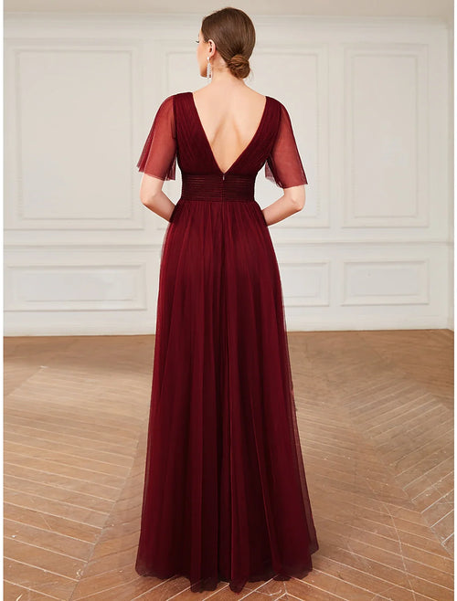 A-Line V-Neck Tulle Short Sleeve Ruffled Floor-Length Wedding Dress - Chloe Dress