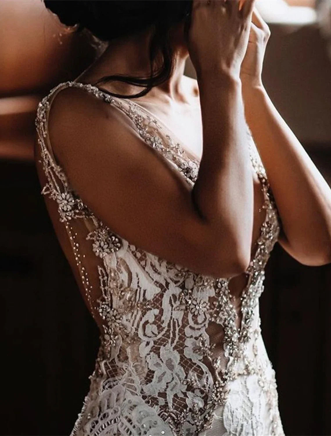 Mermaid V-Neck Lace Sleeveless Open Back Train Wedding Gown - Chloe Dress