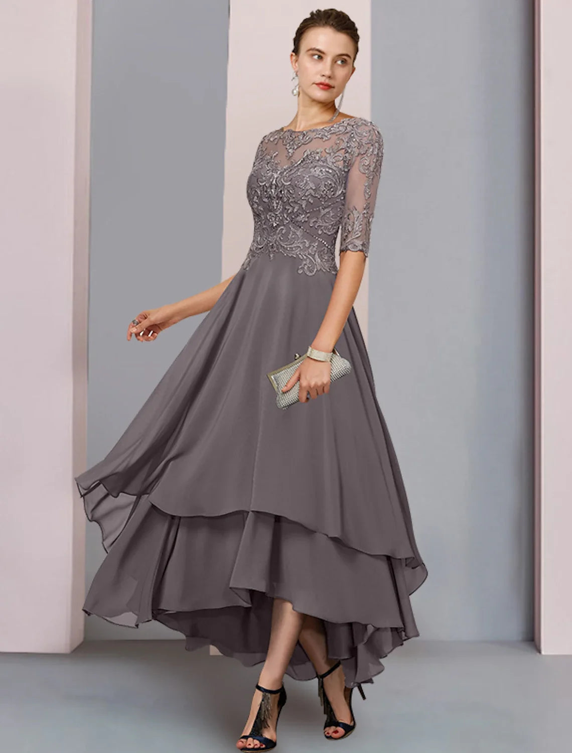 A-Line Chiffon Three-Quarter Sleeve Asymmetric Tea-Length Wedding Dress - Chloe Dress