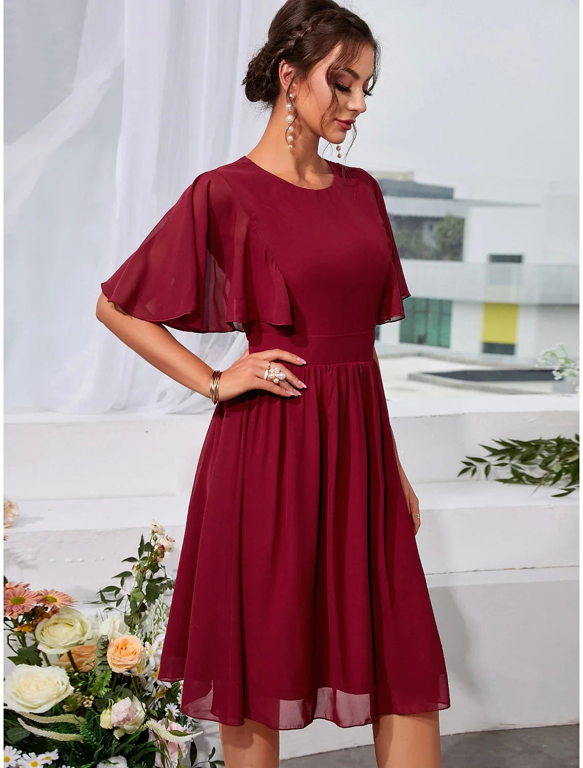 A-Line Chiffon Short Sleeve Ruffled Mini Wedding Dress - Chloe Dress
