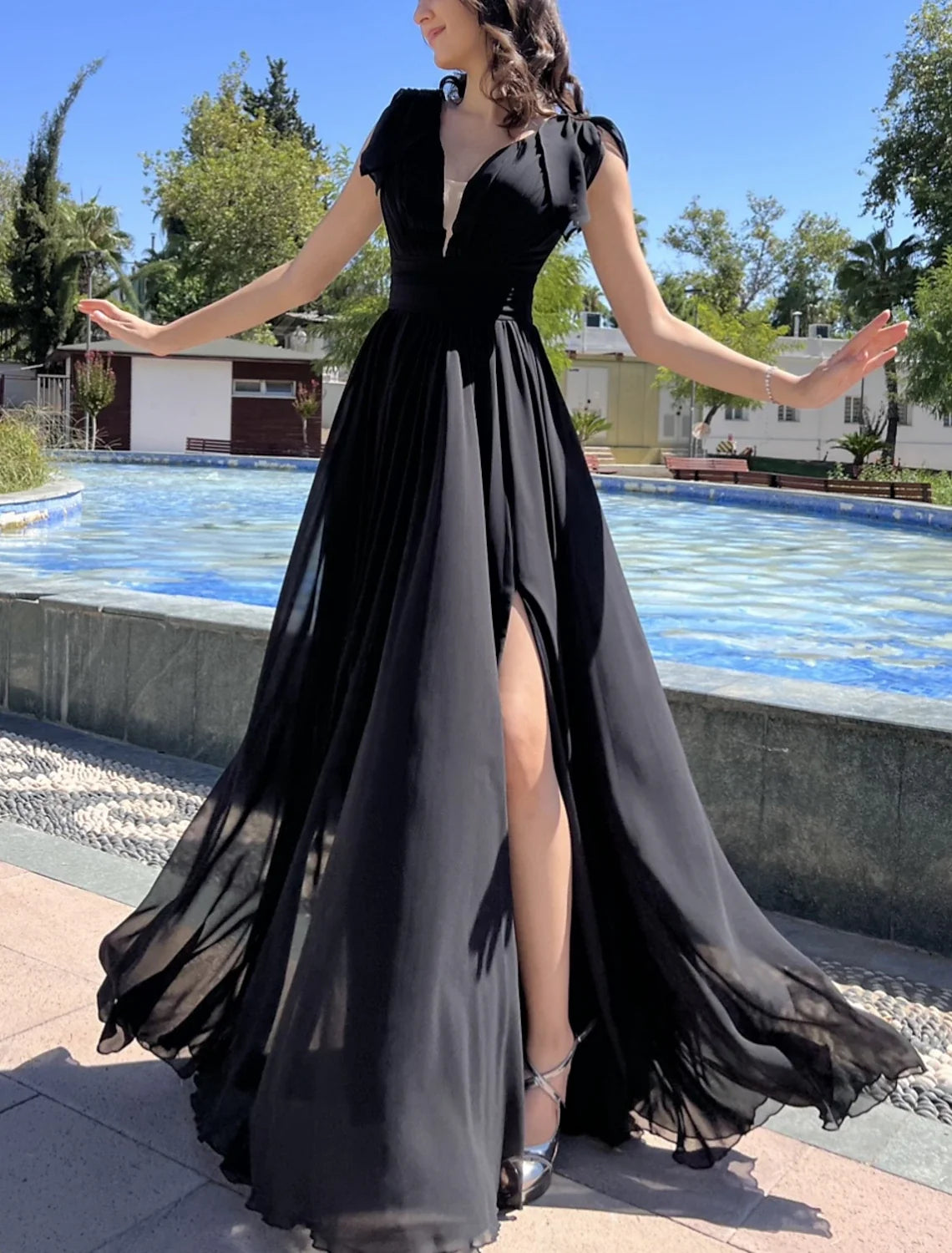 A-Line V-Neck Chiffon Sleeveless Floor-Length Prom Dress - Chloe Dress