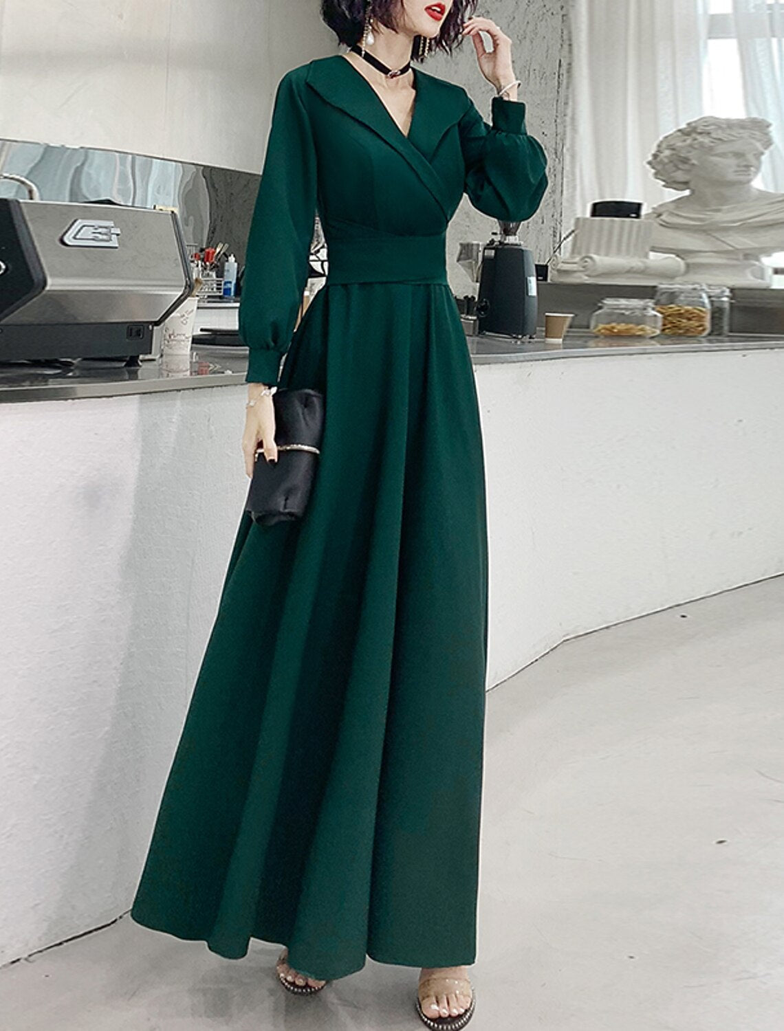 A-Line V-Neck Long Sleeve Floor-Length Evening Gown - Chloe Dress