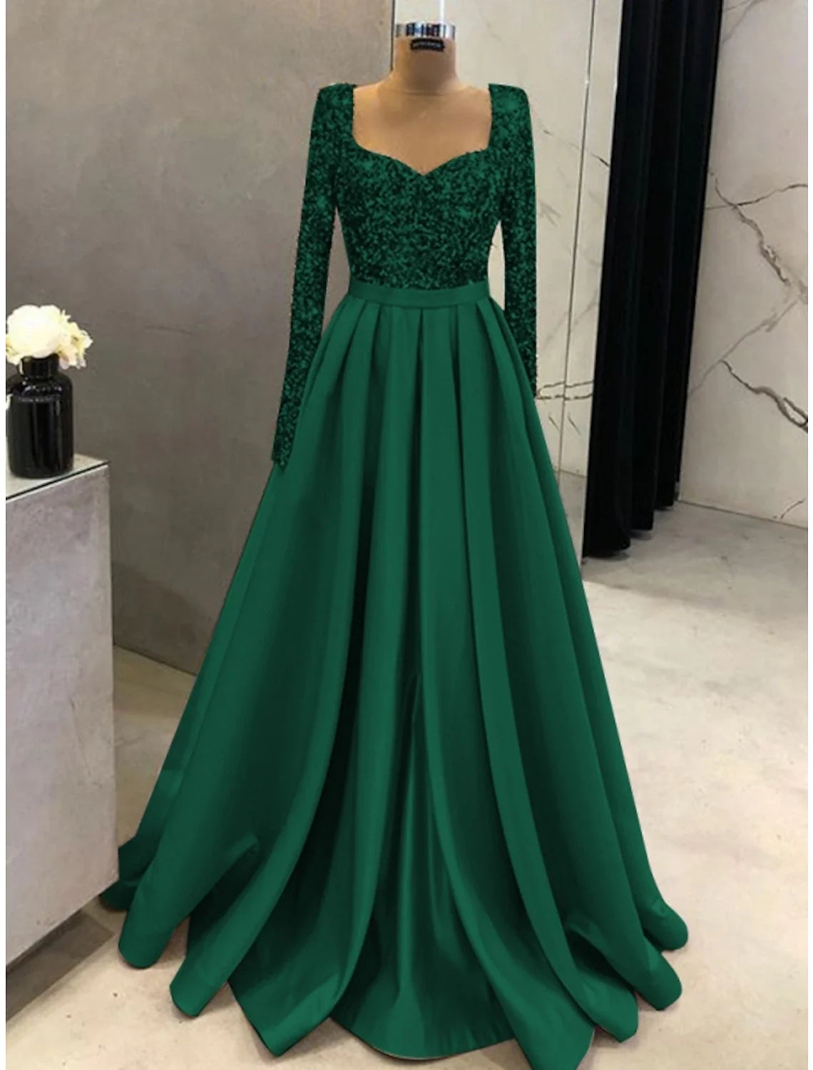 A-Line Square Neck Satin Long Sleeve Pleated Evening Gown - Chloe Dress