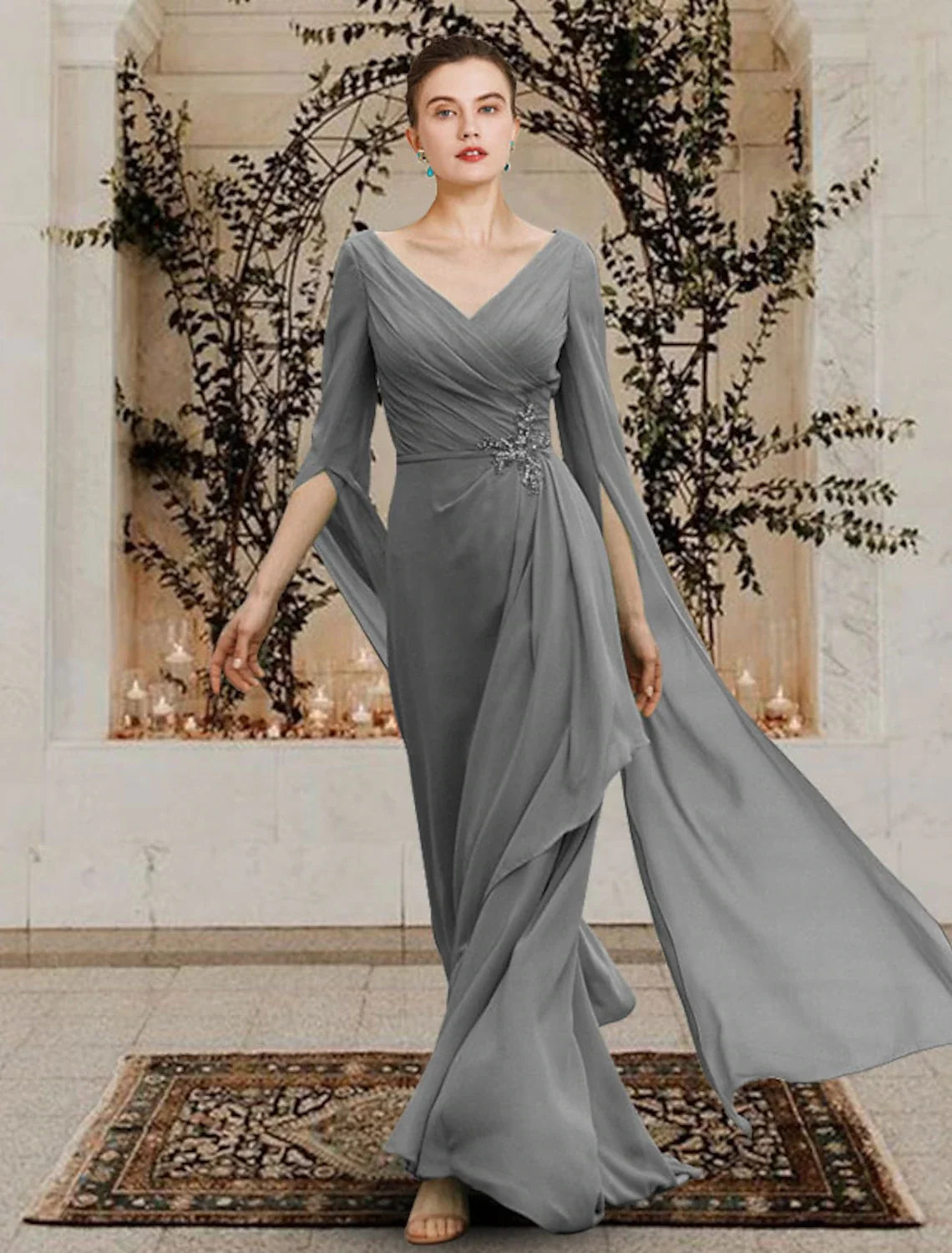 Sheath V-Neck Chiffon Draped Floor-Length Dress - Chloe Dress
