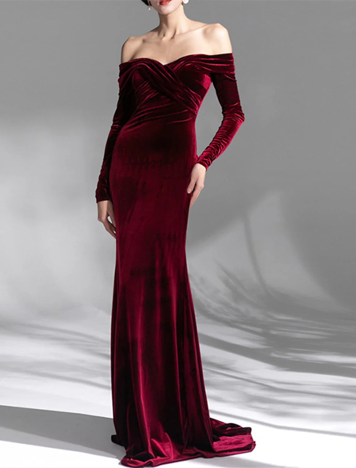 Mermaid Off-Shoulder Velvet Long Sleeve Open Back Train Evening Gown - Chloe Dress