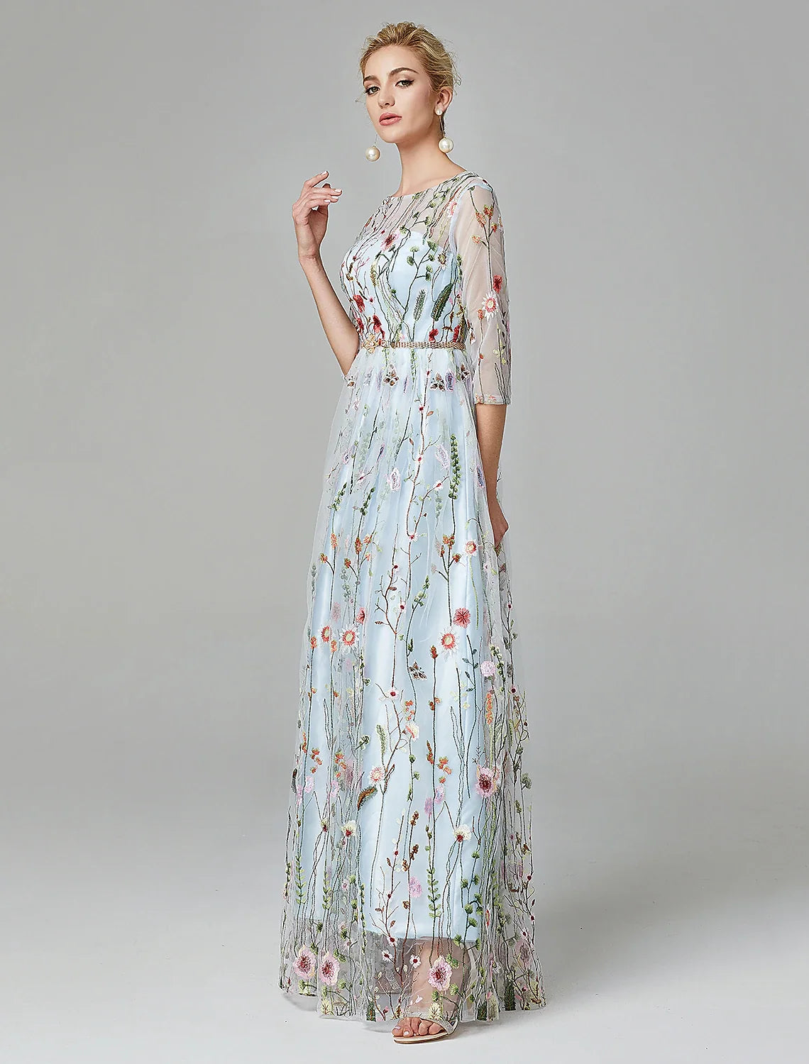 A-Line Illusion Lace Three-Quarter Sleeve Floor-Length Evening Gown - Chloe Dress