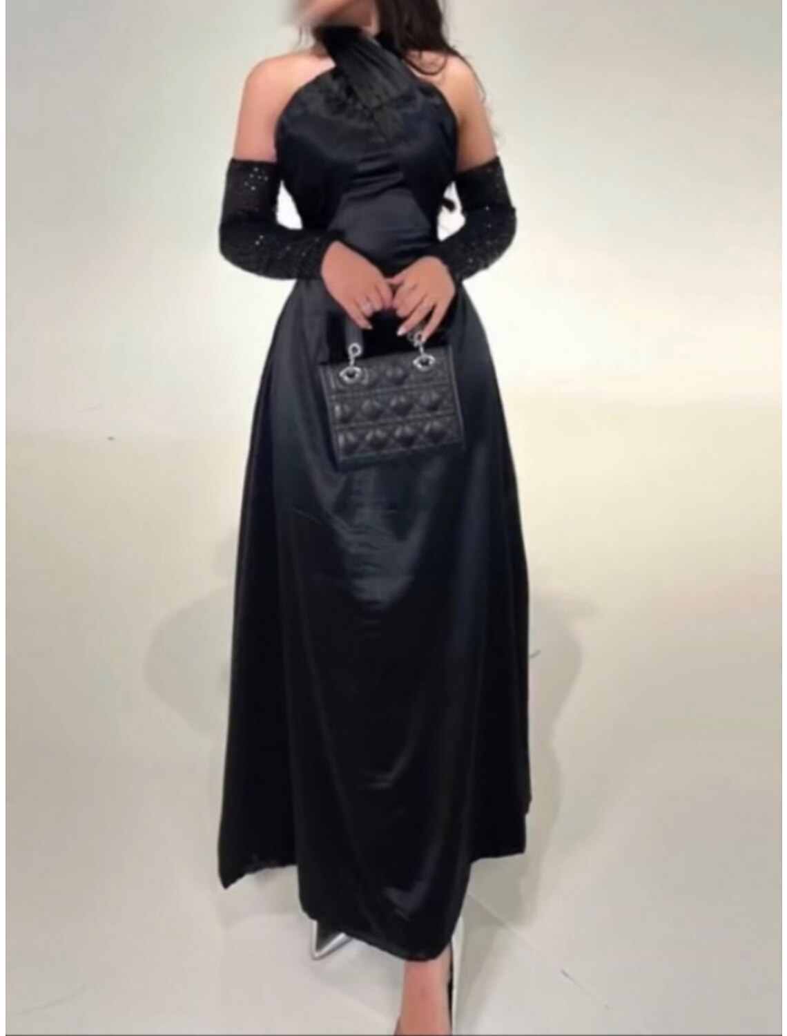 Black A-Line Halter Satin Sleeveless Pleated Ankle-Length Evening Gown - Chloe Dress