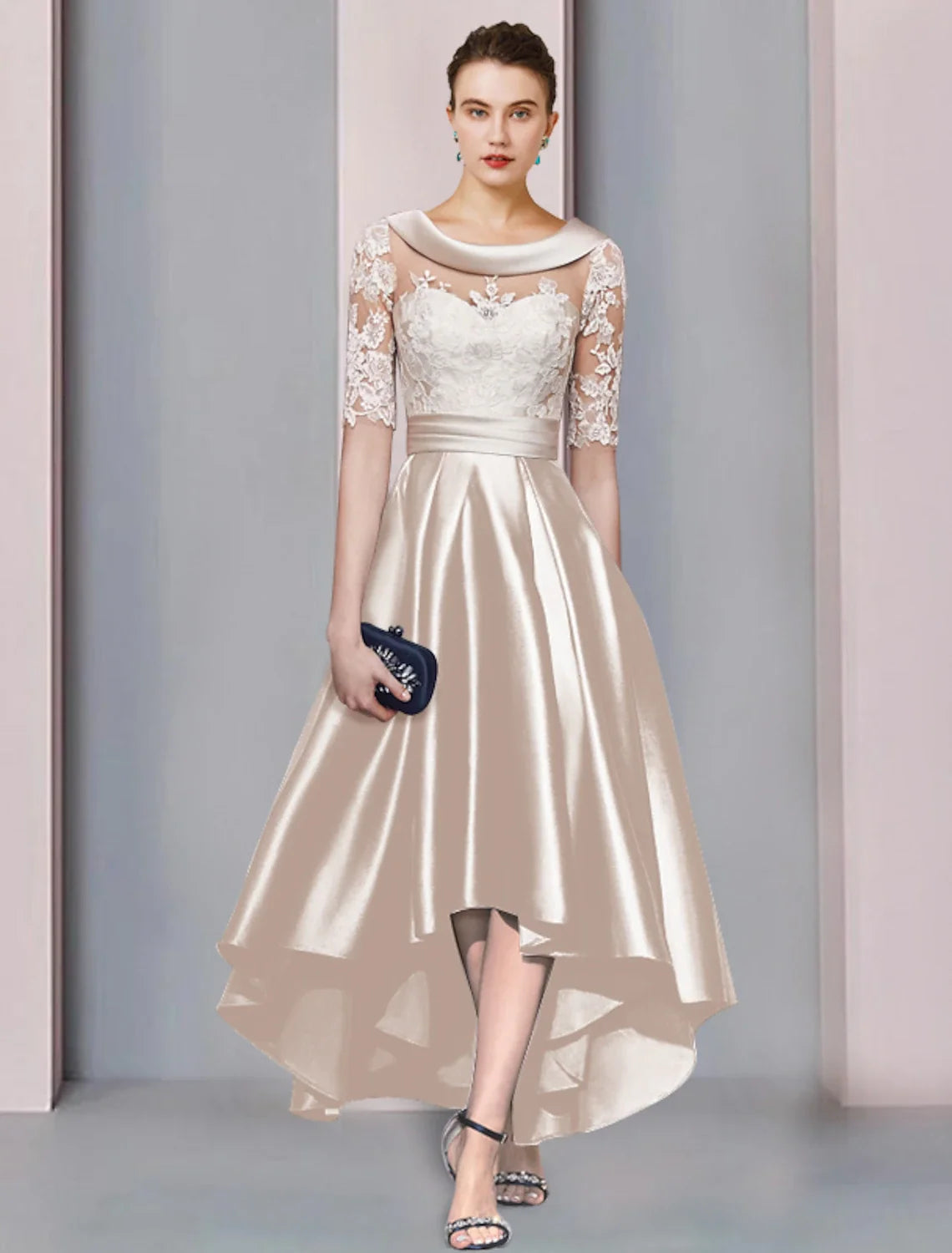 A-Line High Neck Satin Asymmetric Tea-Length Wedding Dress - Chloe Dress