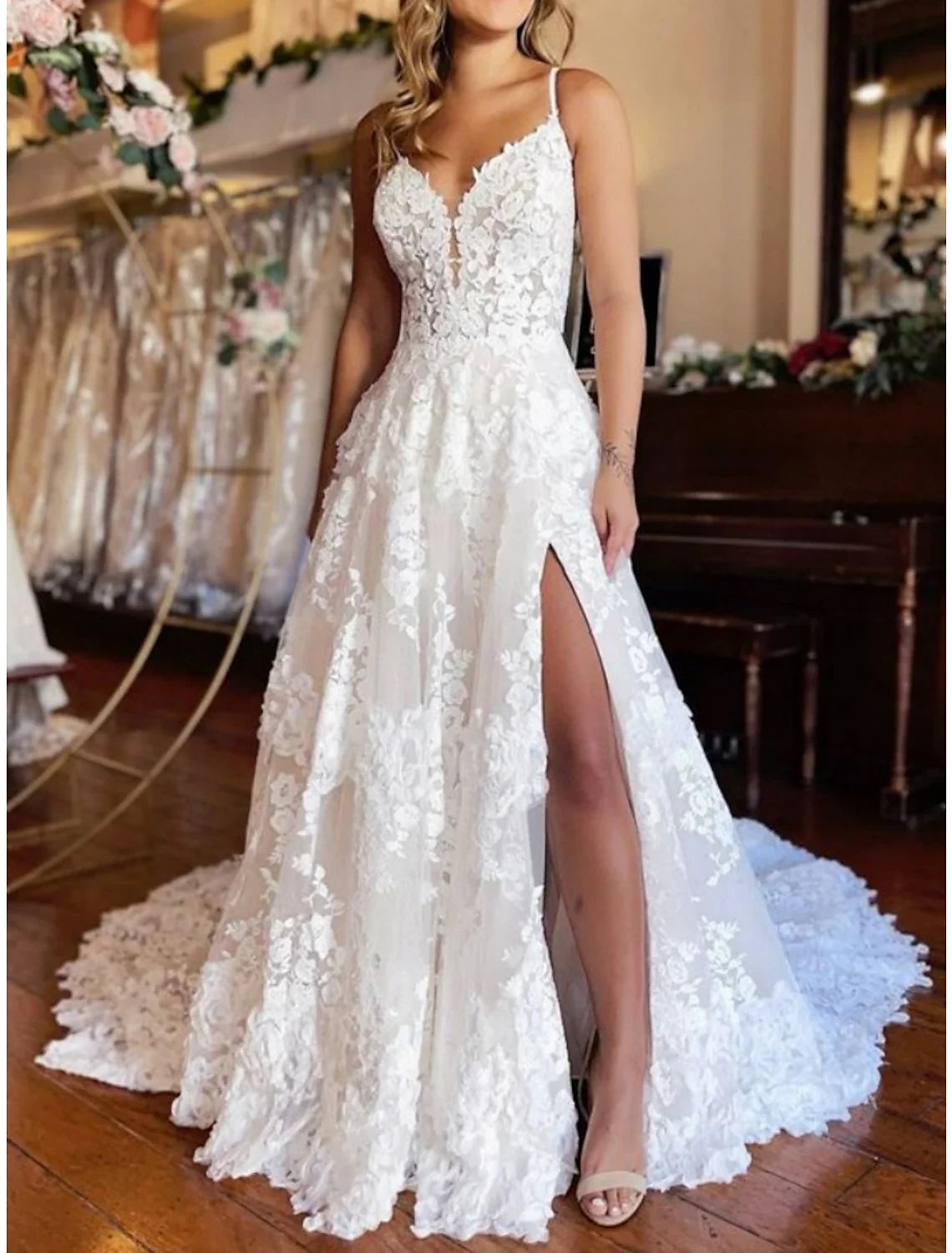 A-Line Lace Sleeveless Pleated Wedding Gown - Chloe Dress