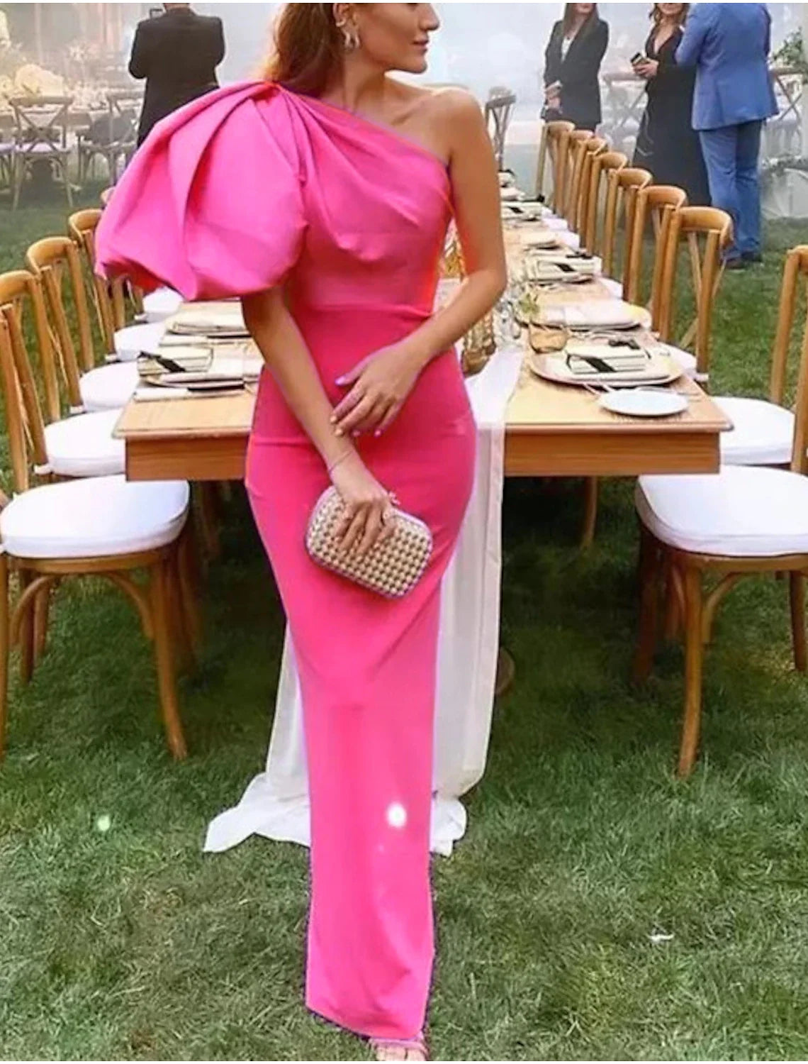 Mermaid One-Shoulder Satin Short Sleeve Train Mini Wedding Dress - Chloe Dress