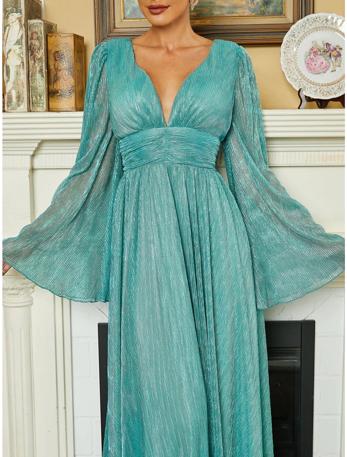A-Line V-Neck Sequin Long Sleeve Pleated Evening Gown - Chloe Dress
