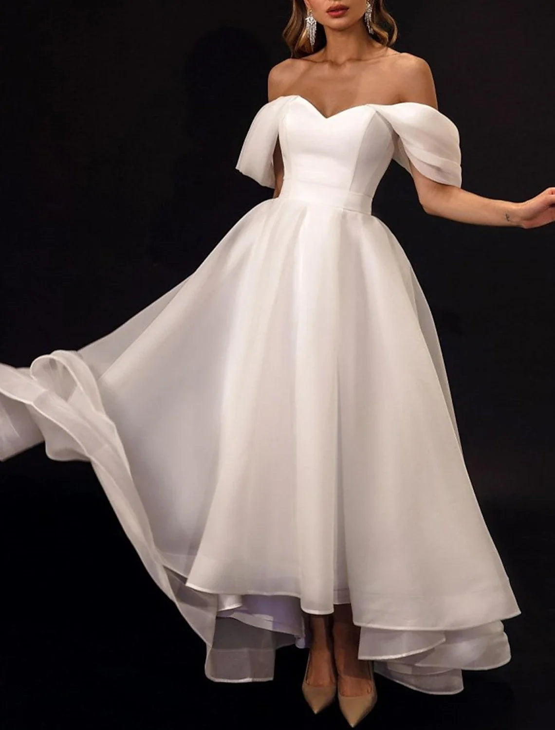 White A-Line Off-Shoulder Organza Cap Sleeve Asymmetric Wedding Gown - Chloe Dress