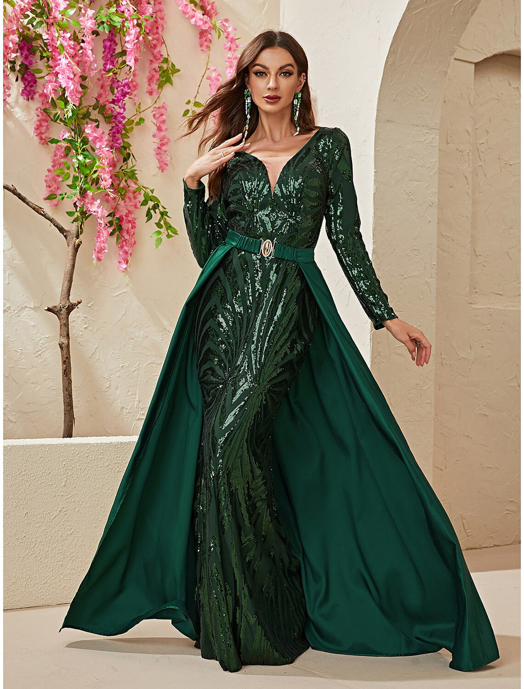 Mermaid V-Neck Sequin Long Sleeve Train Evening Gown - Chloe Dress