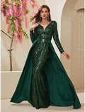 Mermaid V-Neck Sequin Long Sleeve Train Evening Gown - Chloe Dress