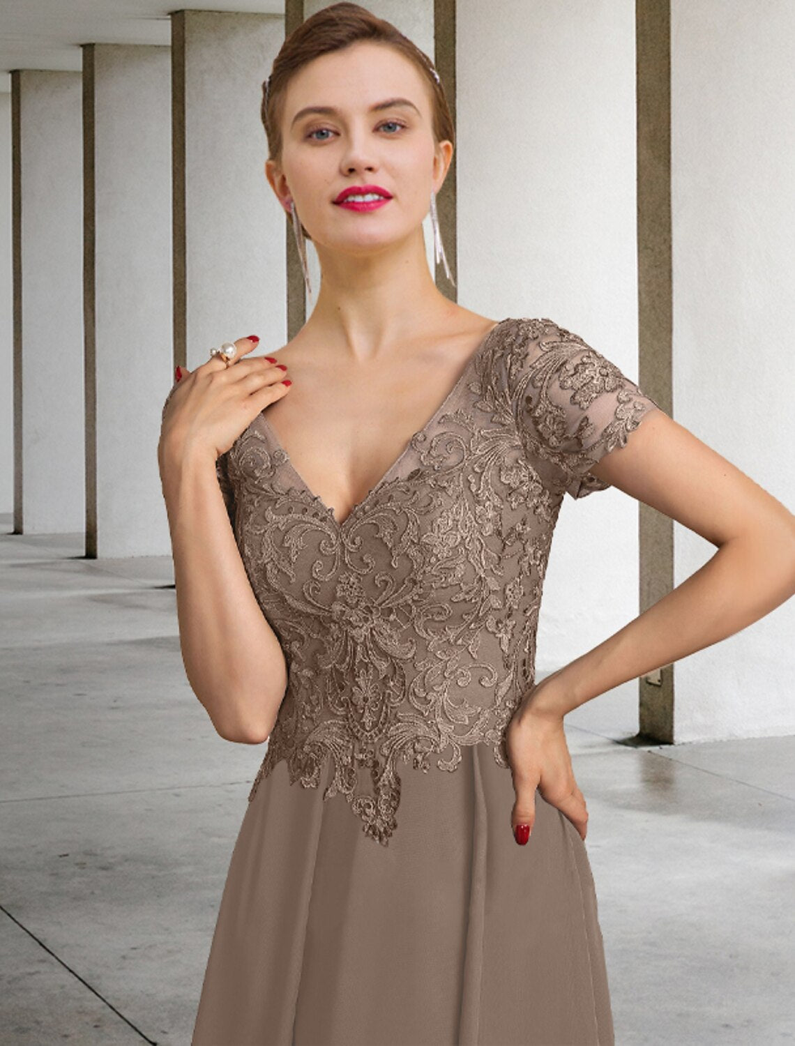 A-Line V-Neck Chiffon Short Sleeve Applique Mini Dress - Chloe Dress