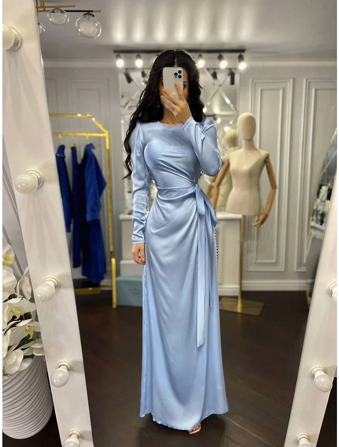 Sheath High Neck Satin Long Sleeve Floor-Length Evening Gown - Chloe Dress