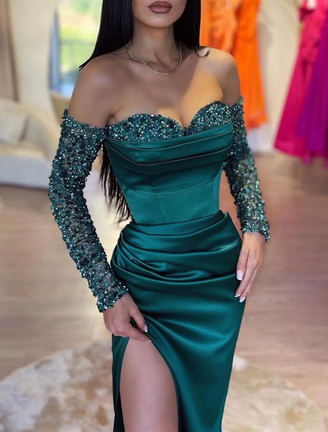 Green Mermaid Off-Shoulder Sequin Long Sleeve High Slit Evening Gown - Chloe Dress