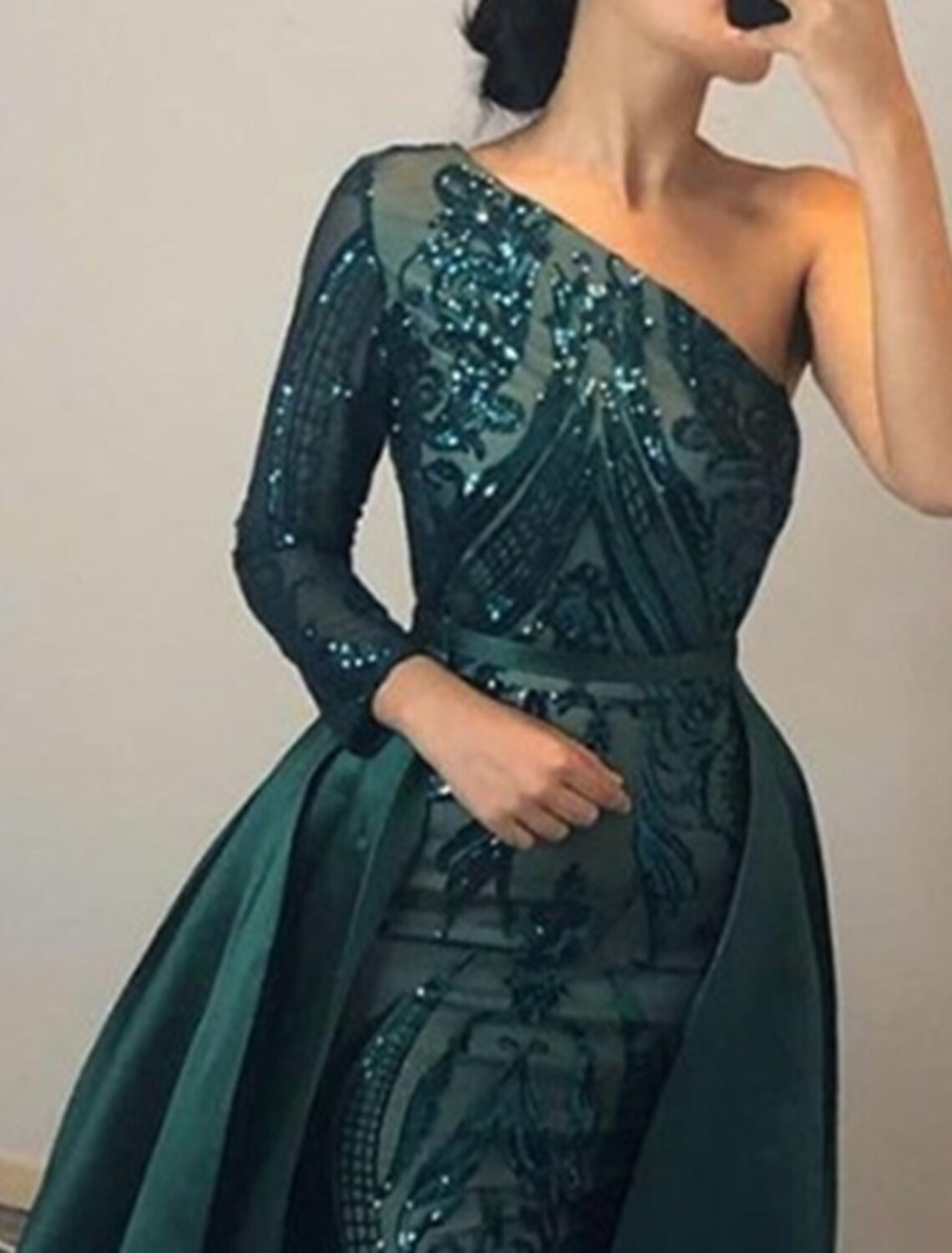 Mermaid One-Shoulder Satin Long Sleeve Train Evening Gown - Chloe Dress