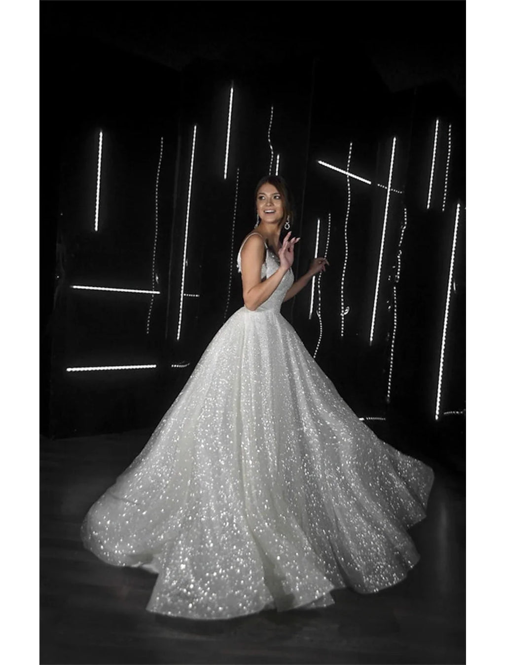 A-Line V-Neck Sequin Train Wedding Gown - Chloe Dress