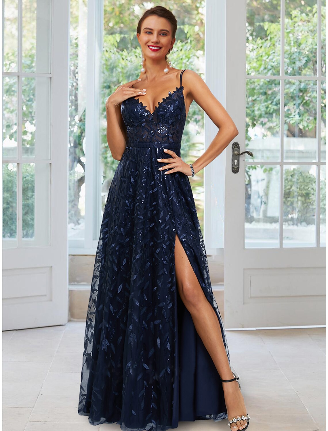 A-Line Spaghetti Strap Satin Sleeveless High Slit Floor-Length Evening Gown - Chloe Dress