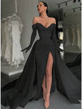 A-Line Off-Shoulder Satin Long Sleeve Button Back High Slit Evening Gown - Chloe Dress