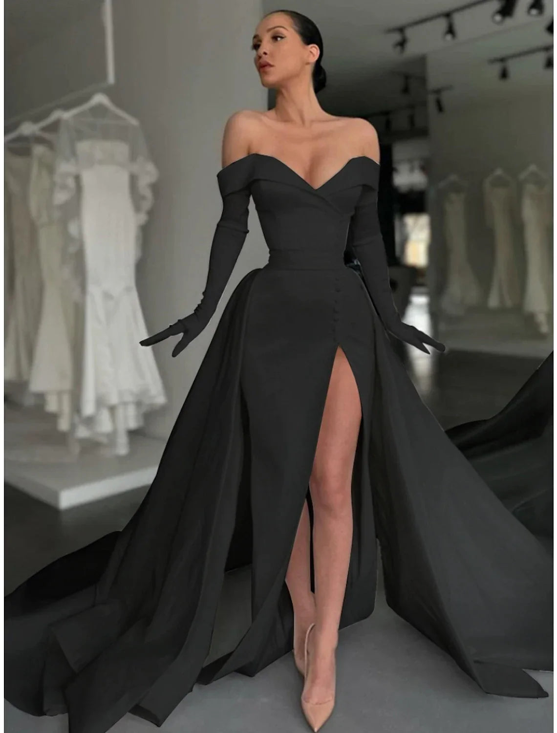 A-Line Off-Shoulder Satin Long Sleeve Button Back High Slit Evening Gown - Chloe Dress