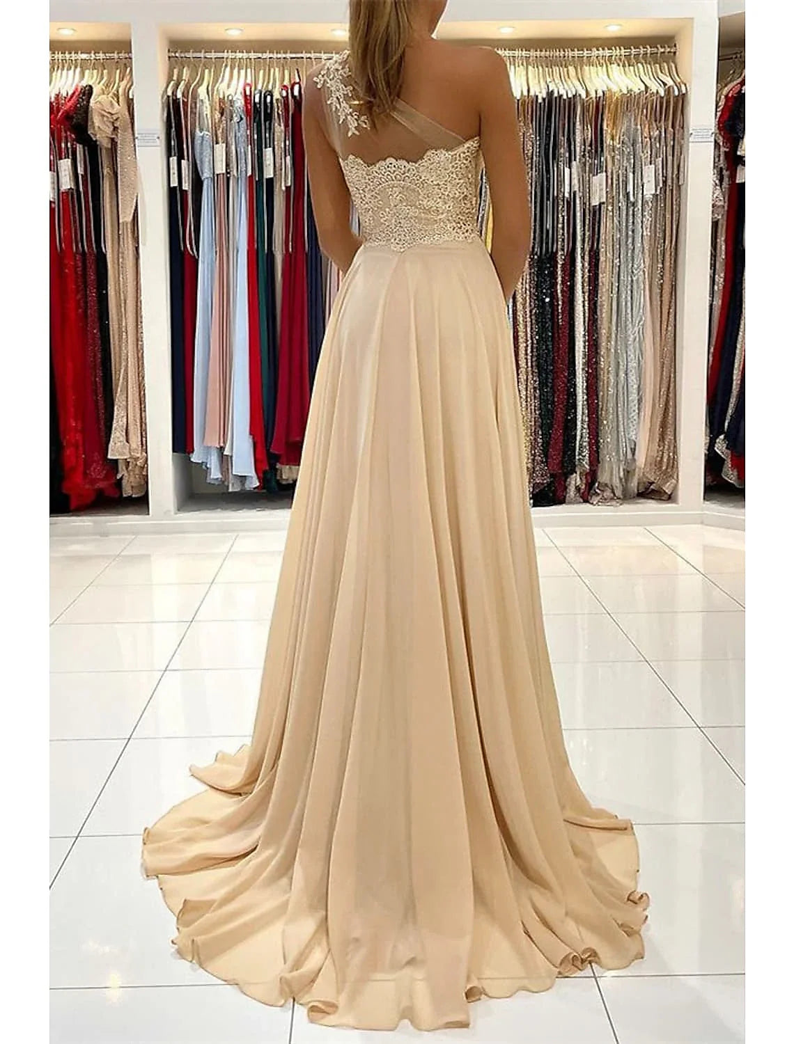 A-Line One-Shoulder Chiffon Sleeveless High Slit Prom Dress - Chloe Dress