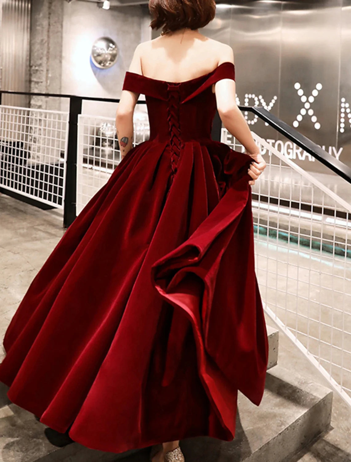 A-Line Off-Shoulder Velvet Short Sleeve Mini Evening Gown - Chloe Dress
