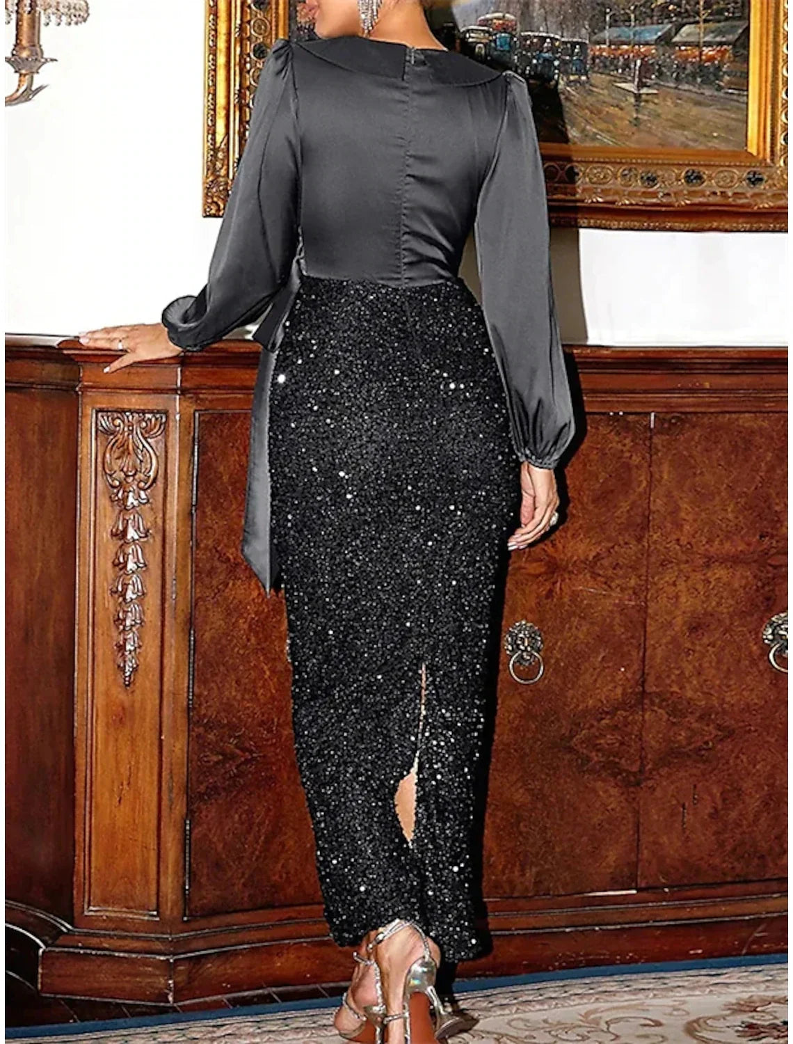 Mermaid V-Neck Sequin Long Sleeve High Slit Ankle-Length Wedding Dress - Chloe Dress