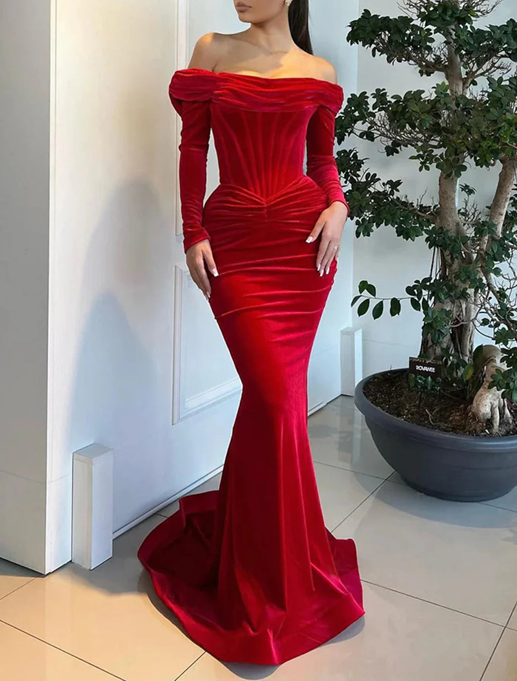 Green Mermaid Off-Shoulder Velvet Long Sleeve Lace-Up Back Train Evening Gown - Chloe Dress